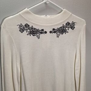 Vtg Tog Shop Ivory W/Black Floral Embroidered Mock Neck Granny Sweater P Large